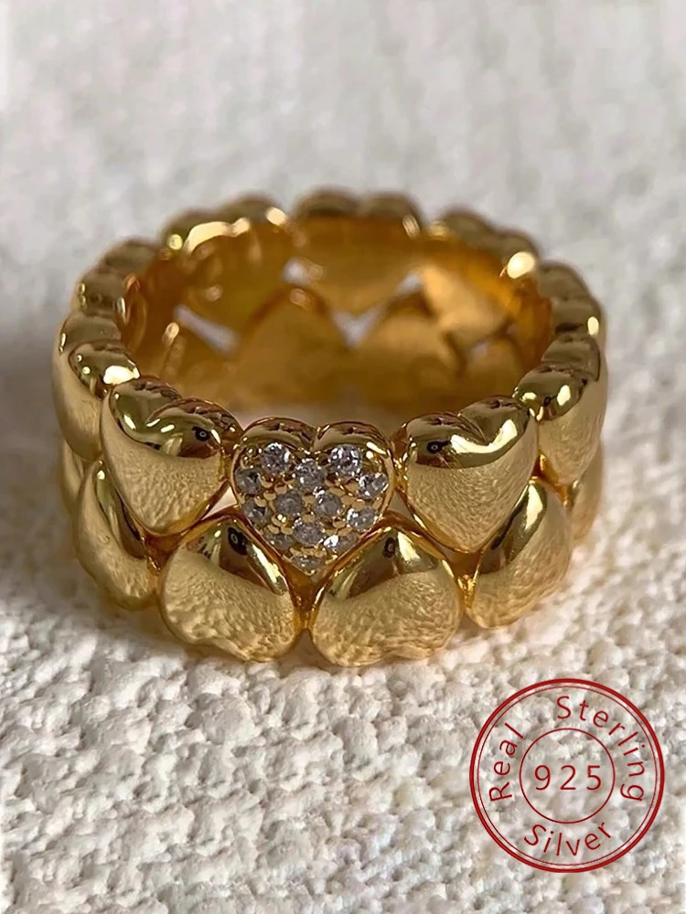 Schlichter doppellagiger Liebesherz-Zirkon-Ring aus 925er-Sterlingsilber für Frauen, Verlobung, Hochzeit, hochwertiger edler Schmuck