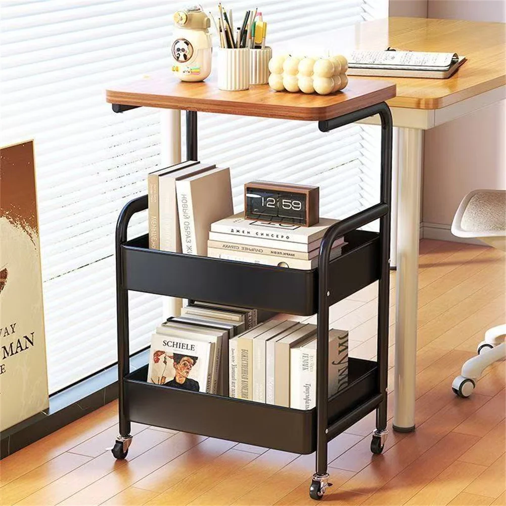 3-Tier Metal Storage Trolley on Wheels with Wooden Table Top Side Table Sofa End Table for Living Room Bathroom Kitchen Laundry