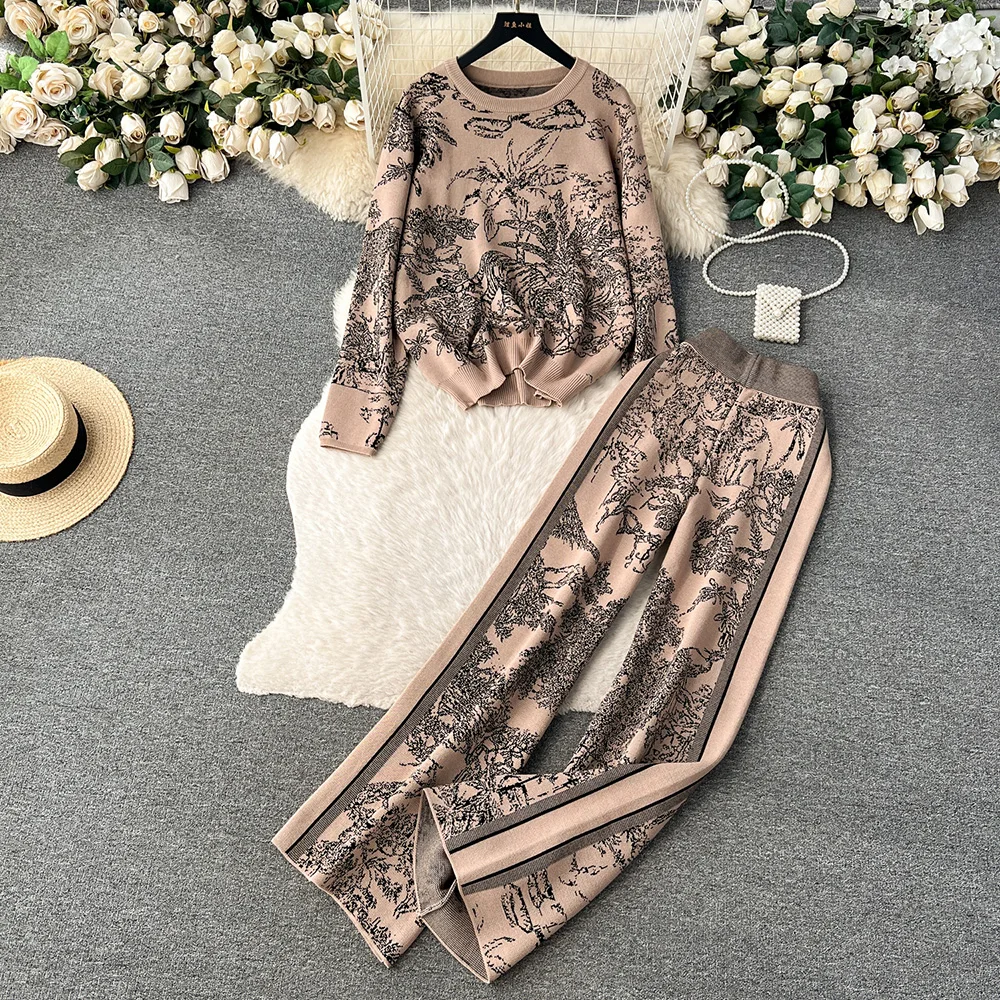 

Croysier Sweater Two Piece Set Women Outfit 2023 Round Neck Pullover And Trousers Matching Set Vintage Jacquard Knit Pants Sets