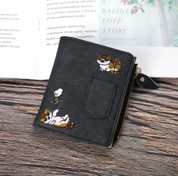 

Women Short Wallets Cat Embroidered Canvas Clutch Large Capacity Buckle Zipper Coin Purse Coach Cards Holder Carteras Mujer 2022
