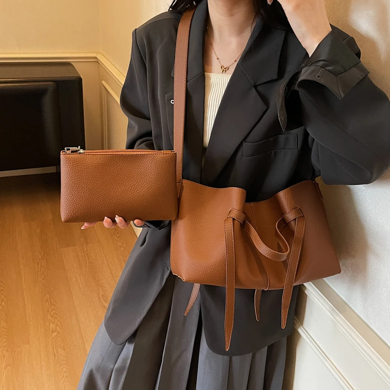 Schwarz Casual Weiche Große Kapazität Tote Frauen Handtaschen Designer Luxus Pu Leder Schulter Tasche Retro Große Shopper Geldbörsen 2 Set Tasche – Detail 6