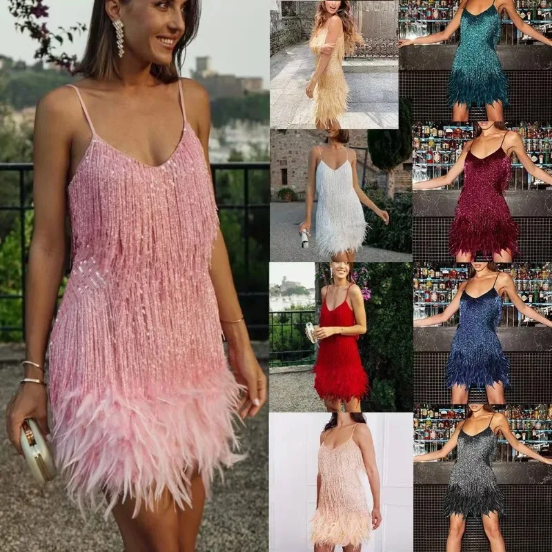 

2024 Fashion Fringe Sequin Multicolor Dress for Woman Birthday Party Sexy V-neck Halter Feather Patchwork Dress