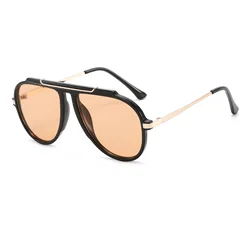 Oversized Retro Gold Metal Aviator Sunglasses - Unisex 70s Punk Square Shades (Black champange)