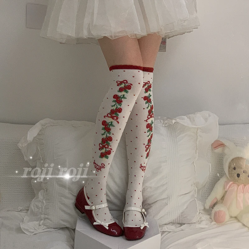 Strawberry Lolita Socks Women over-the-Knee Thick Cotton Printed Lace Japanese Style Stovepipe Socks