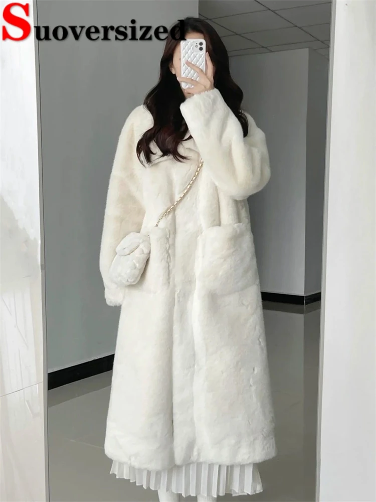 Thicken Korean Faux Fur Jackets Warm Fake Rabbit Plush Outerwear Winter High Quality Long Coats Women Elegant Furry Overcoats winter thicken warm faux fur coats imitation mink furry jacket elegant slim plush jaqueta fashion women short chaquetas new