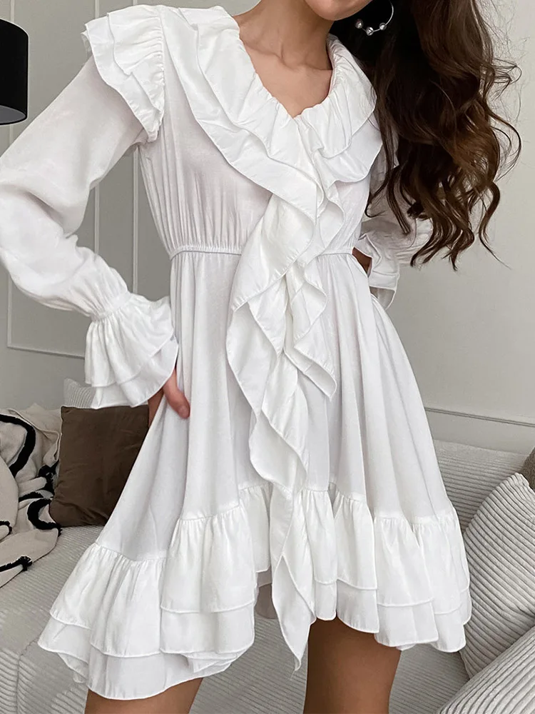 

LZEQuella Chiffon White Mini Dress Ruffled Puff Sleeve Solid Pleated High Waist A Line Dresses 2024 Vintage Vacation Vestidos