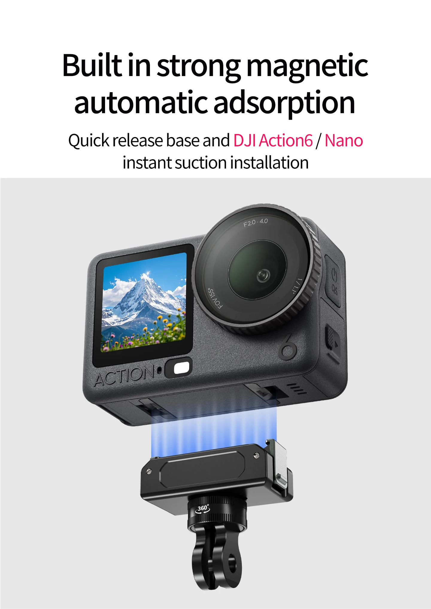 Aluminium Magnetische Schnellverschluss-Halterung Magnetische Schnellinstallationsbasis für DJI Action 6 Osmo Nano Rutschfeste Stoßfeste Stativhalterung – Detail 4