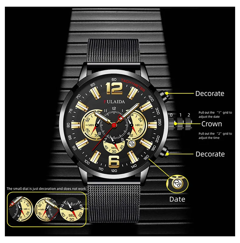 Men's Fashion Business Calendar Watches Luxury Stainless Steel Mesh Belt Analog Quartz Watch Business Luminous Wristwatch Clock