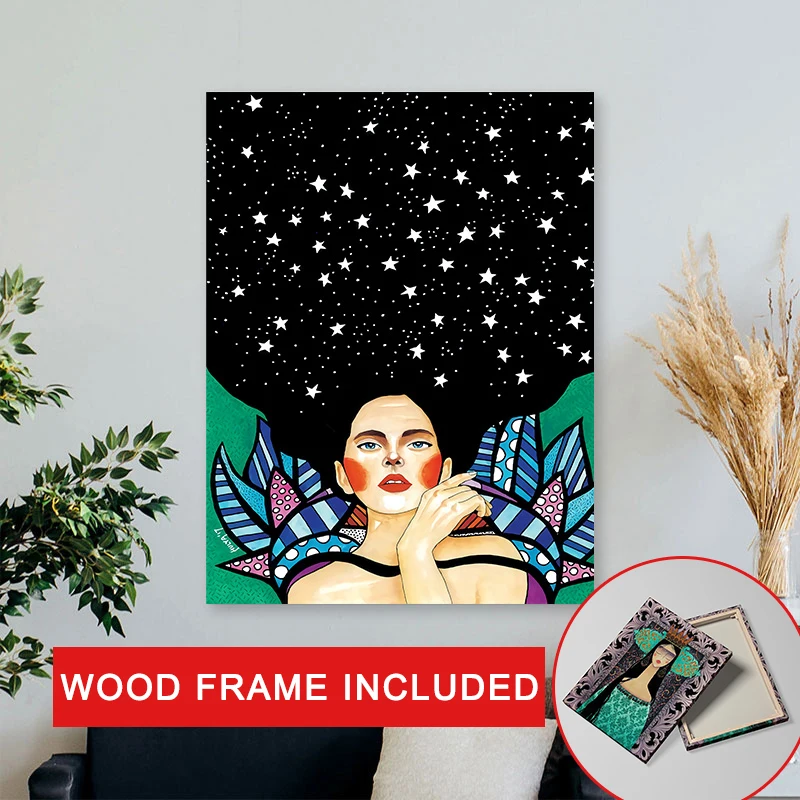 

Framed Abstract Girl Hair Flower Bird Wall Art Canvas Painting Nordic Poster Vintage Cuadros Wall Pictures for Living Room