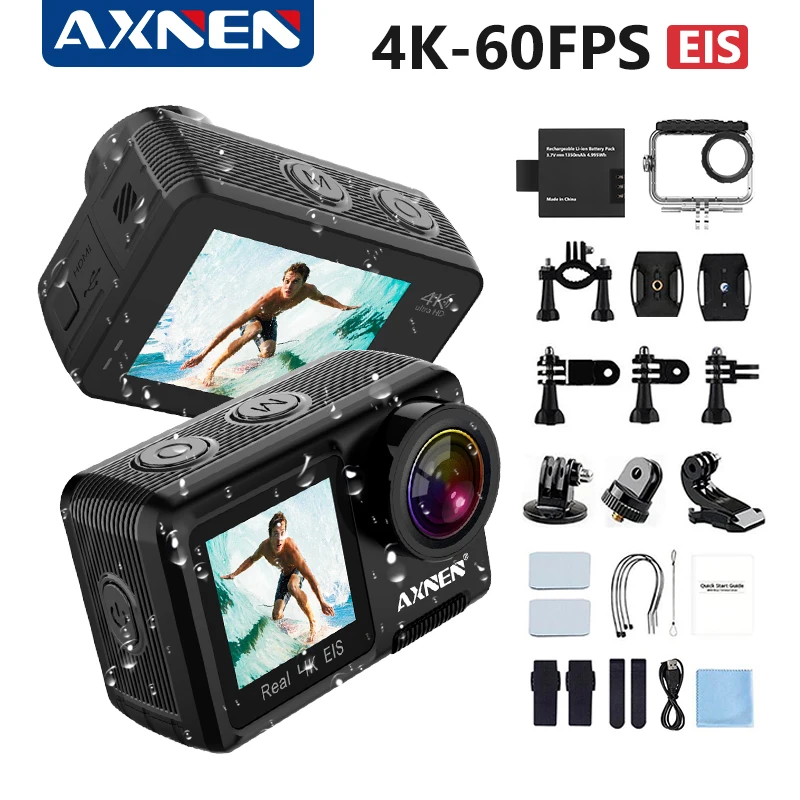 

AXNEN 4K Waterproof Action Camera, EIS Anti Shake Video Sports Cameras, with Touch Screen, Dual Screen Action Camera, Webcam