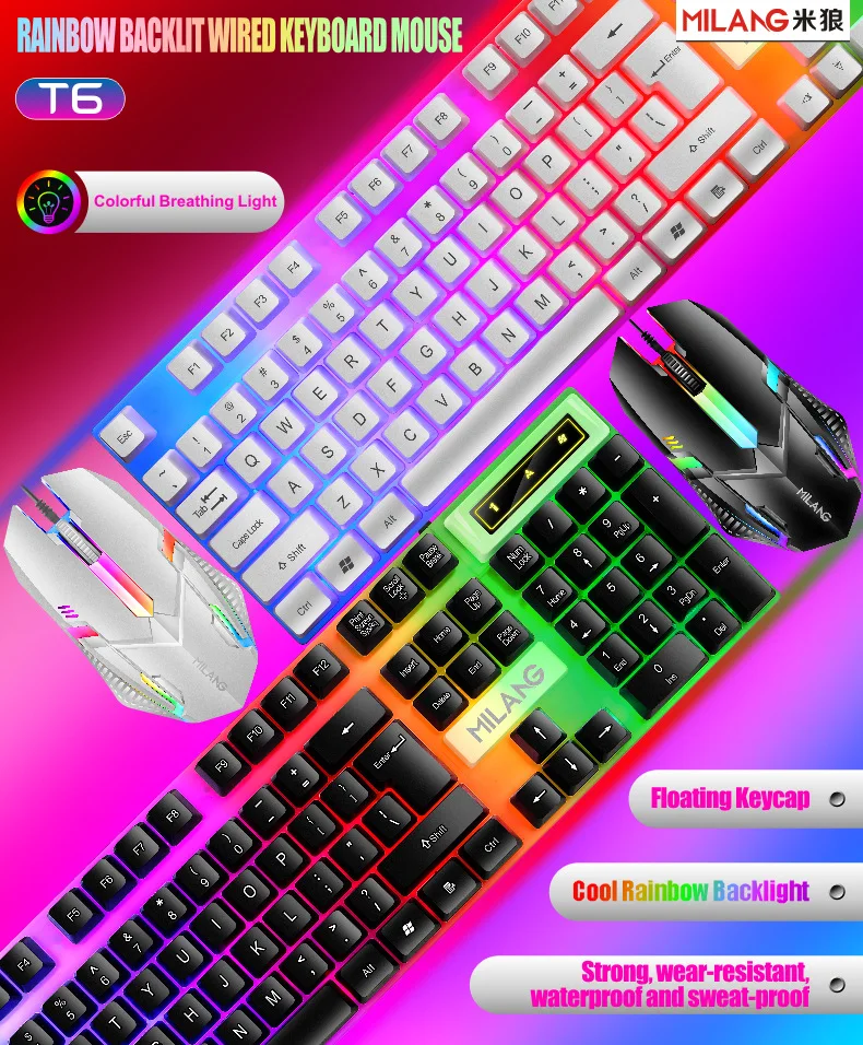 

Mi Wolf T6 Wired Colorful Luminous Backlight USB Keyboard and Mouse Set Manipulator Feel Lol Backlight Keyboard and Mouse Set