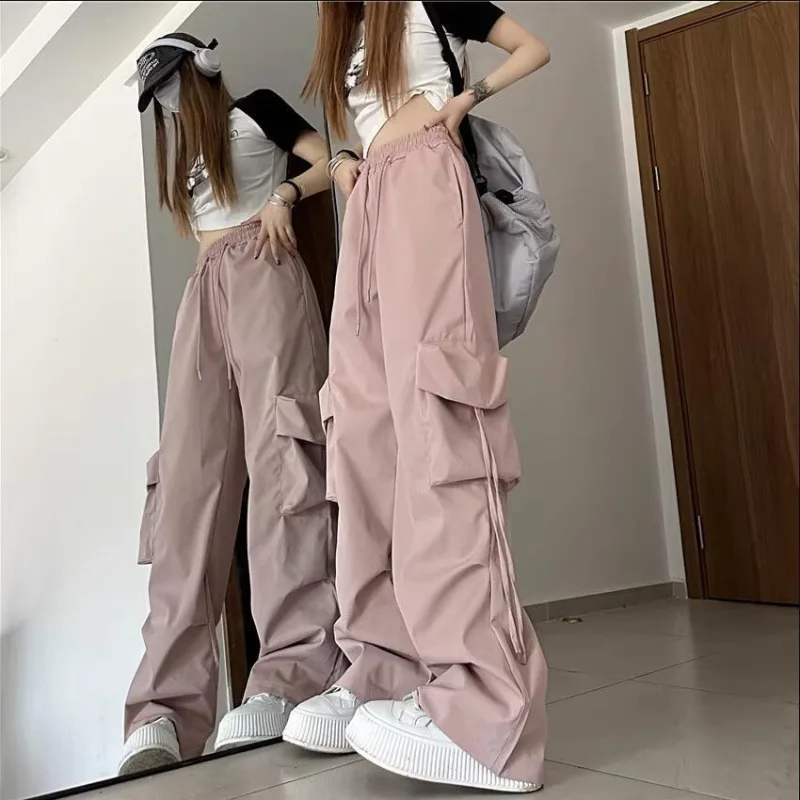 

Women's Large Pocket Trousers Y2k High Elastic Waist Drawstring Loose Trousers Vintage Casual Side Pocket Straight Pants