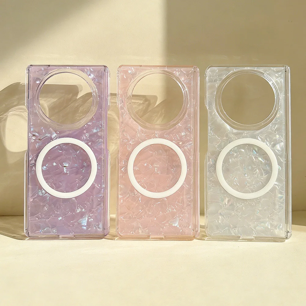 Pearlescent Shell Pattern Magnetic Ring Case For Honor Magic V6 Magic V5 Glitter Clear Shockproof Foldable Protective_voghion.com