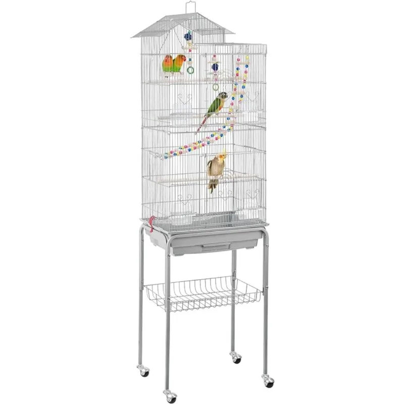 

Metal Roof Top Bird Cage Wrought Rolling Birdcage w/Detachable Stand for Medium Small Parrots Parakeets Budgies Cockatiels