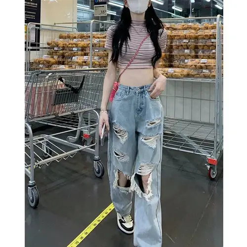 Large Washed 2022 Tattered Jeans Women's Spring and Summer Hot Girls High Waist Straight Tube Loose Beggar Wide Leg Pants 4