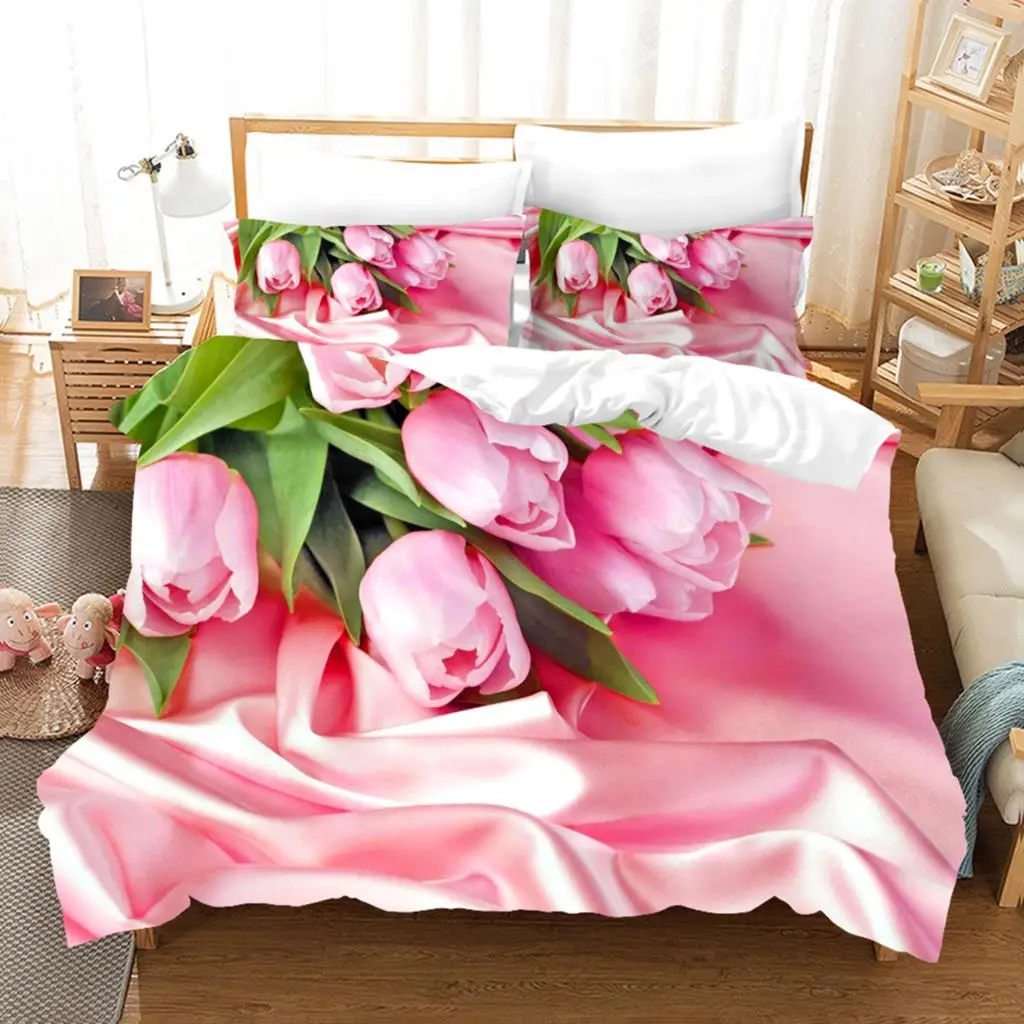 

Pink Tulip Bedding Set Elegant Flower Scenery 3d Duvet Cover Pillowcases Duvet Cover Twin Queen King Single Size Duvet Cover Set