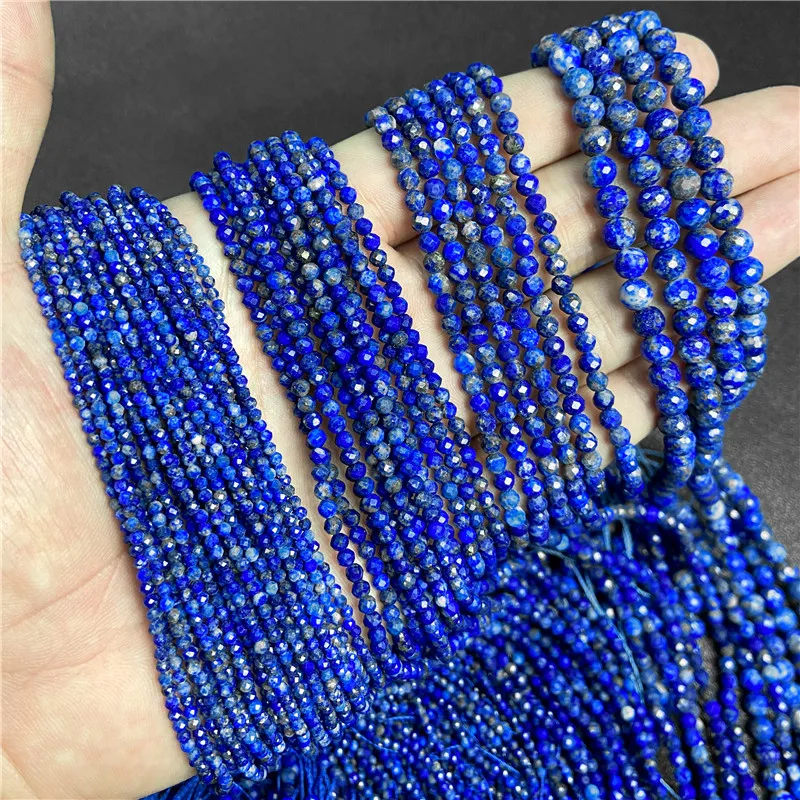 Lapis Lazuli Faceted Round Natural Stone Beads for Jewelry Making - 15 Strands