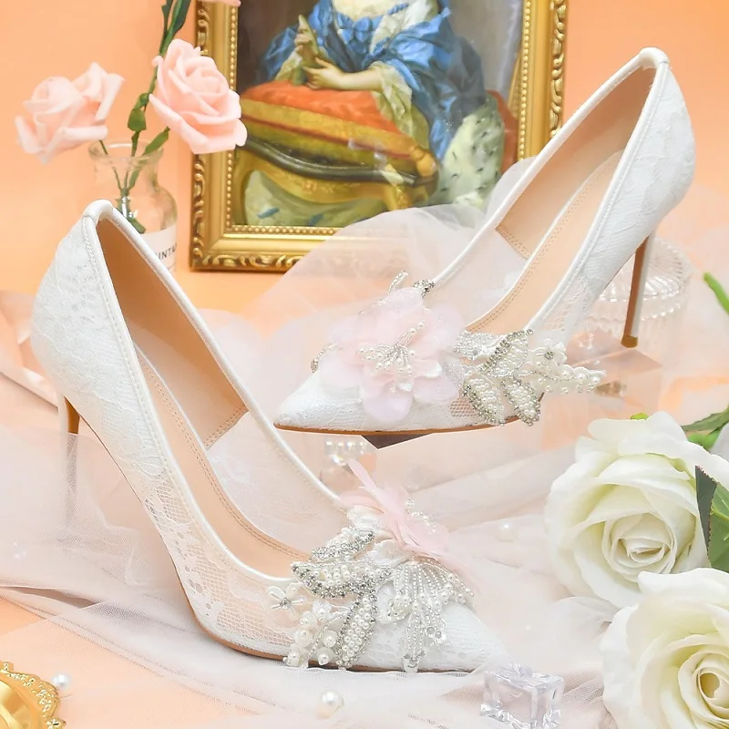 

Summer pointed toe lace mesh rhinestone pearl stiletto bridal wedding shoes banquet dress all-match large size women's sandals