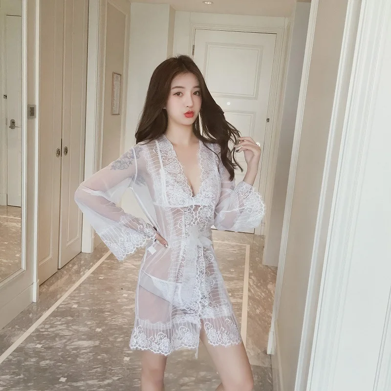 

Sexy Sleepwear Women Lingerie See-Through Night Mini Dress Lace Floral Front Closure Nightgown with Briefs Female Mesh Underwear