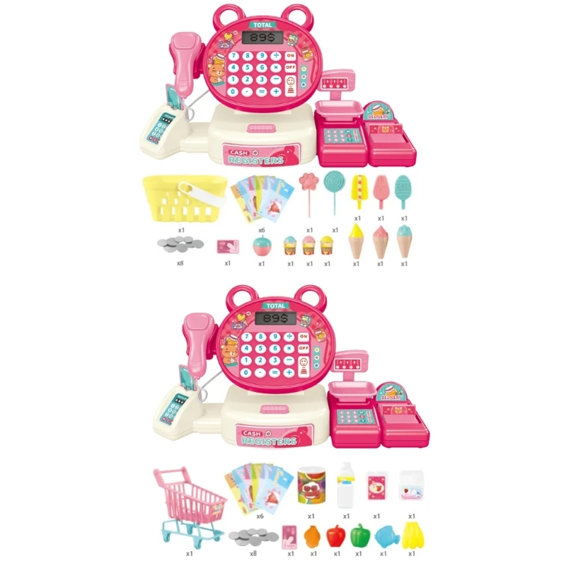 Plastic Cash Register Supermarket Toy Set with Scanner Calculator Realistic Food Kid Pretend Play Supermarket Toy DropShipping