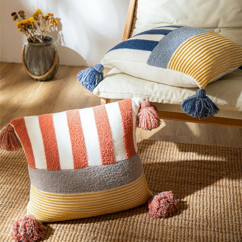 

Cushion Cover 45x45cm Blue Pink Tassles Decoration Knit Home Decoration Pillow Cover Stripe Soft for Living Room Bedroom