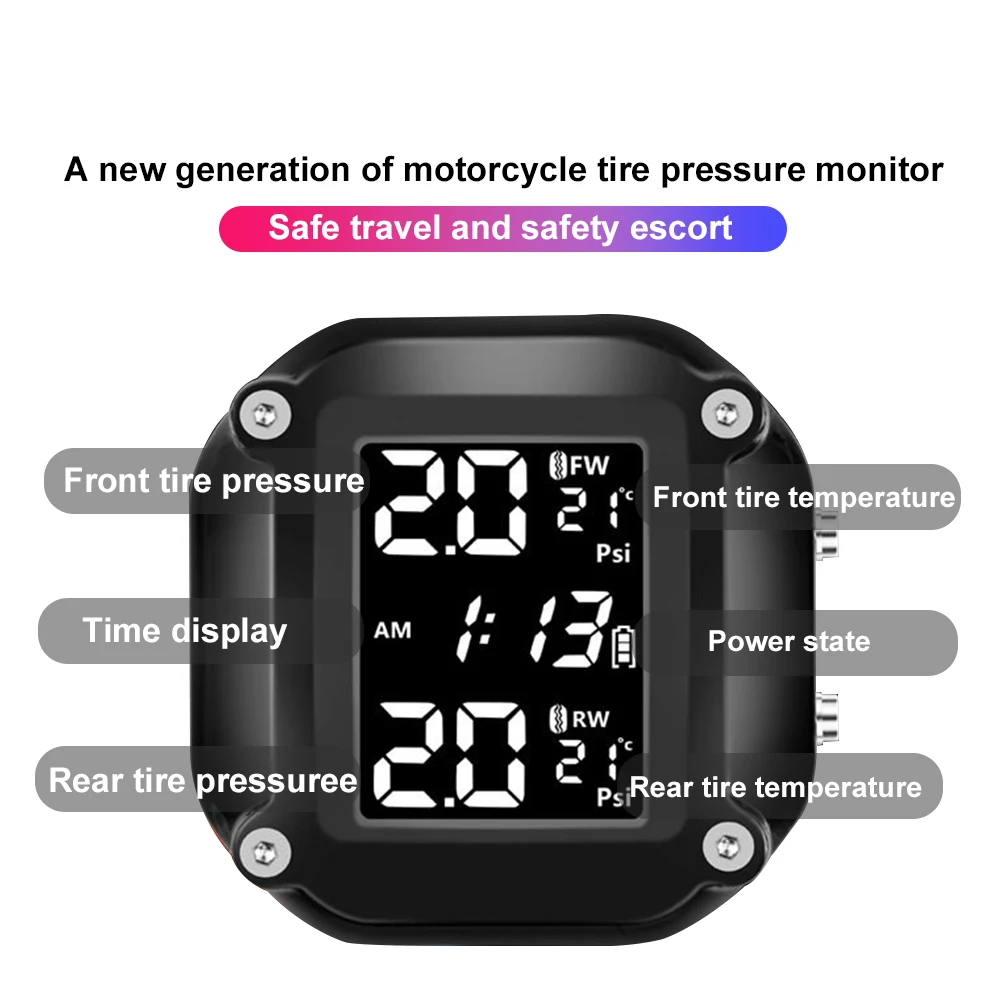 Motorcycle TPMS Tire Pressure Monitoring System With 2 External Sensors LCD Display Motorbike Tyre Temperature Alarm