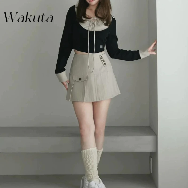 WAKUTA Japanese Sweet Lapel Tied Long Sleeve Shirt Style Top Temperament Striped Pleated Mini Skirt Irregular 2-piece Set Spring 4