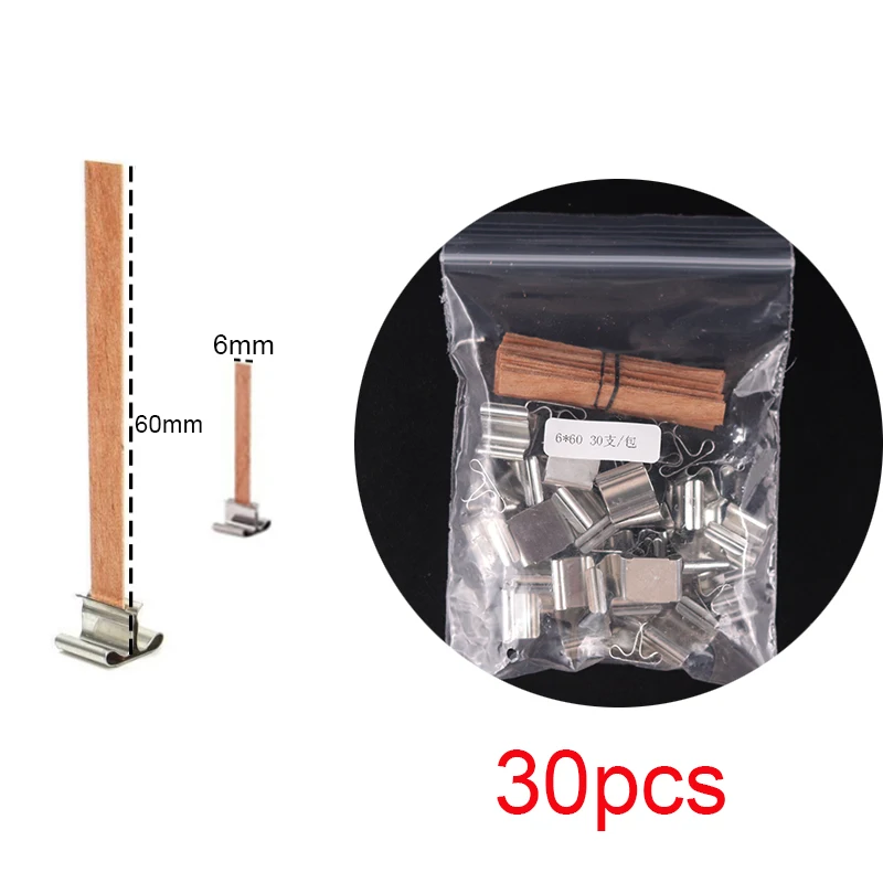 30pcs Natural Wooden Candle Wicks with Clips for DIY Handmade Smokeless Candle Crafting