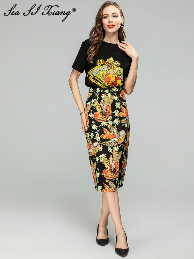 

Seasixiang Fashion Designer Spring Summer Women Suit Short Sleeve Pullover T-Shirt+Pencil Skirt High Street Print Two Pieces Set