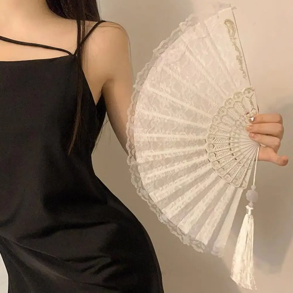 Women Hand Fan Elegant Vintage Lace Folding Fan with Tassel for Summer Parties Dance Performances Hand Held Lolita
