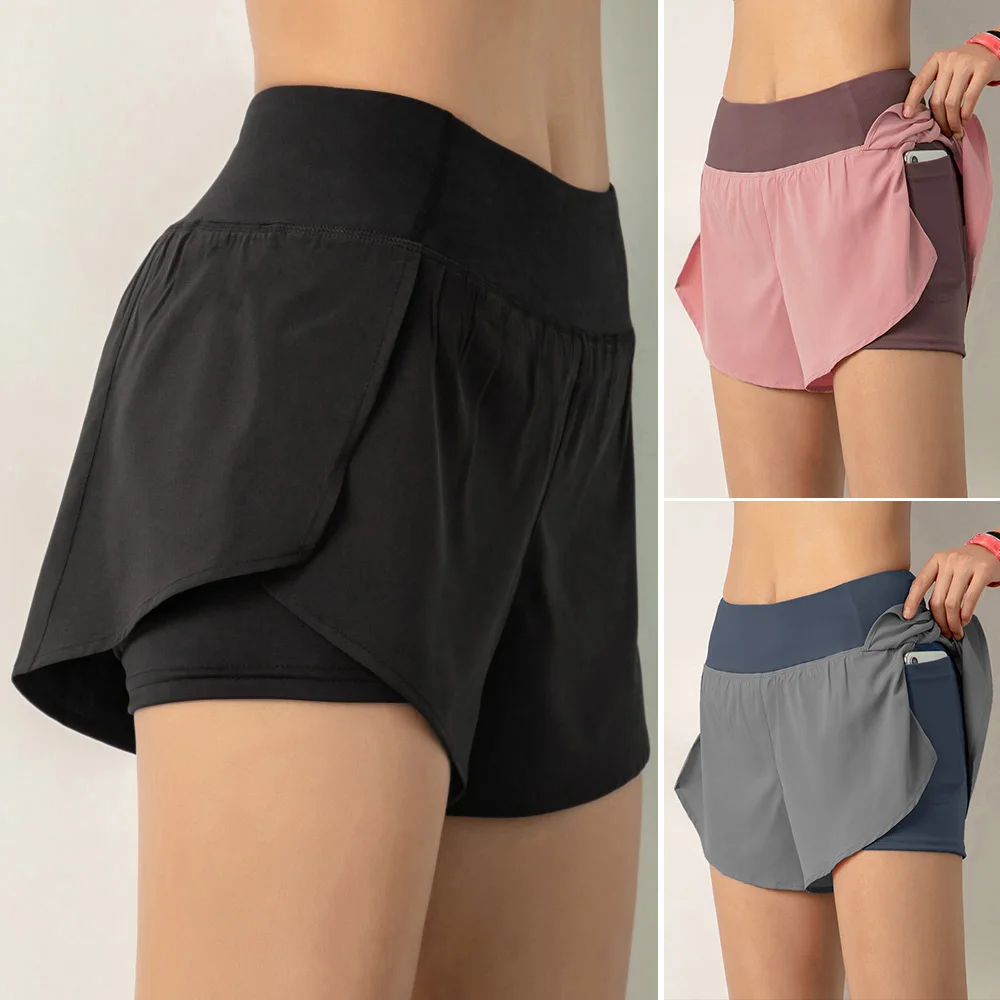 Women Running Shorts 2-in-1 with Pocket Wide Waistband Coverage Layer Liner Lounging Sport Yoga Leggings Gym Home Sportswear