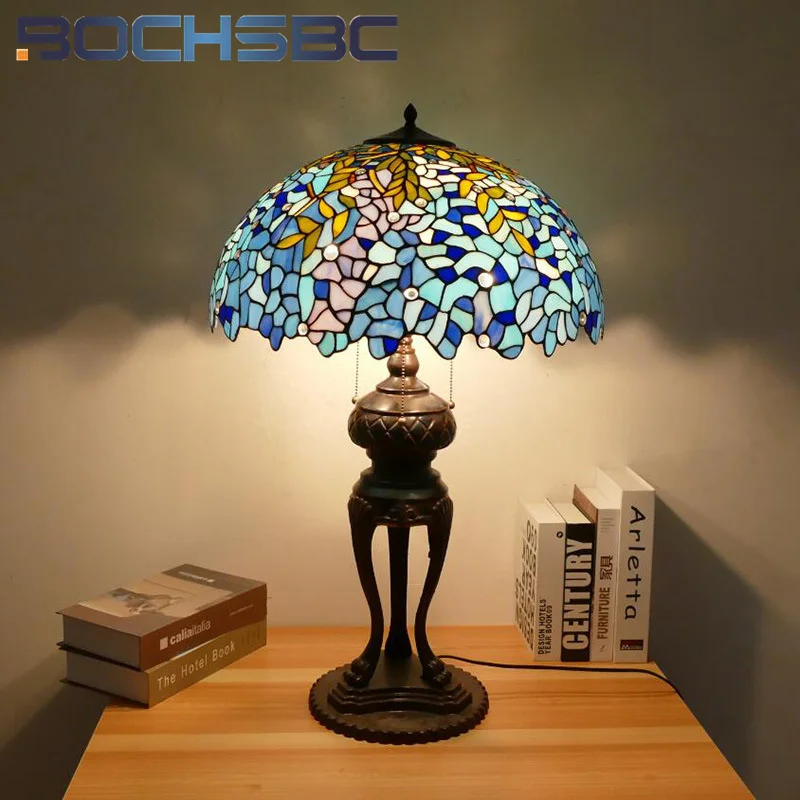 BOCHSBC  스타일 스테인드 글라스 앤티크 레트로 책상 램프, 따뜻한 침실 침대 옆 테이블 램프, 거실 호텔 빌라 LED 장식