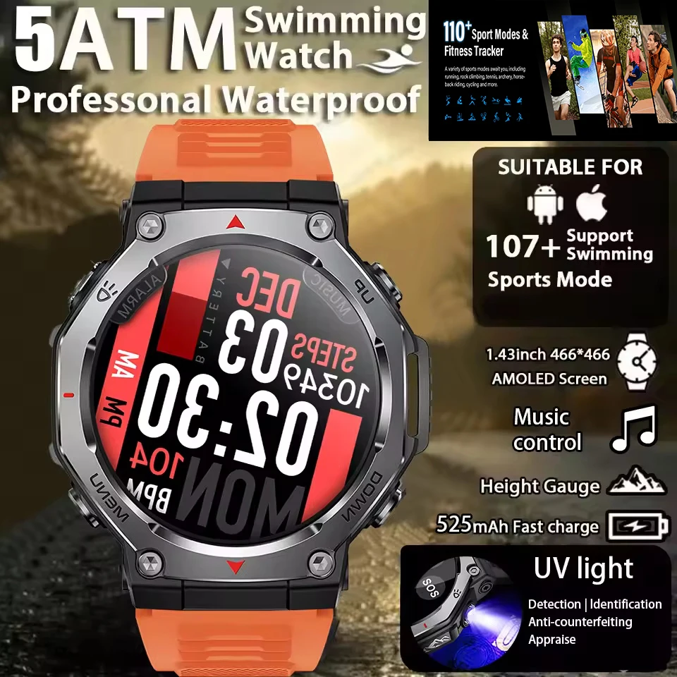 2026 New Military Outdoor Sports Smart Watch Men GPS Motion Track 5 ATM Waterproof Heart Rate HD Bluetooth Call Smartwatch+box