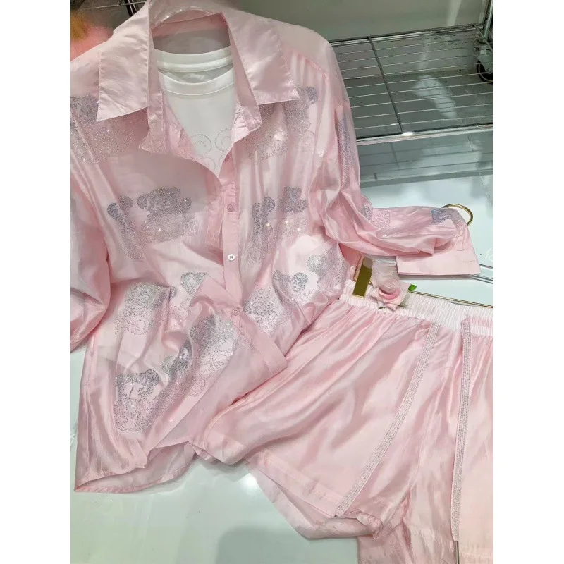 Cartoon Hot Drilling Polo Collar Long-Sleeved Shirt Women Summer Thin Sunscreen Shirt and Loose Casual Shorts Two-Piece Sets