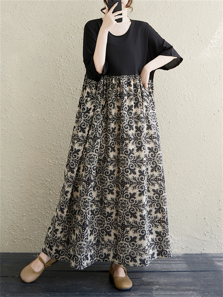 Cotton Vintage Casual Loose Print Women Dresses Short Sleeve Patchwork Dress Femme Vestidos Office Lady Elegant Summer Clothing