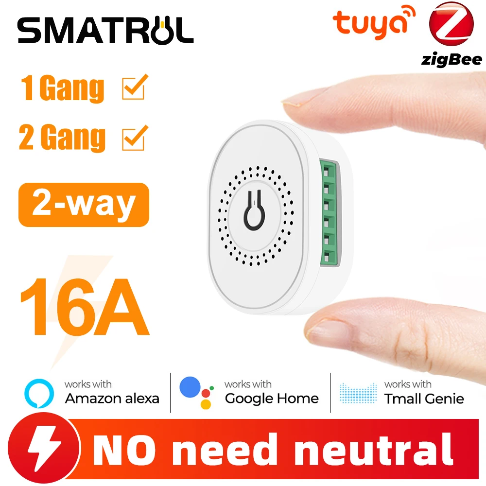 

1/2 Gang 16A No Neutral Wire Tuya ZigBee Smart Light Switch Mini Module Breaker 2 Way Control For Alexa Google Home