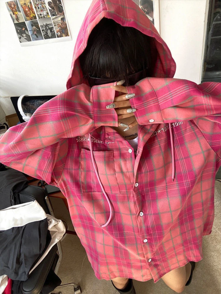Vintage Pink Plaid Women's Tops Hooded Shirts Korean Fashion Streetwear Long-sleeved Shirt Men New Y2K Thin Couple's Coat Blouse