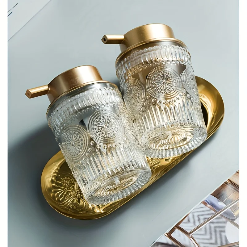 1pc Embossed Glass Foam Soap Dispenser With Rustic Golden Pump Refillable Foam Hand Soap Containers For Bathroom Kitchen Decor