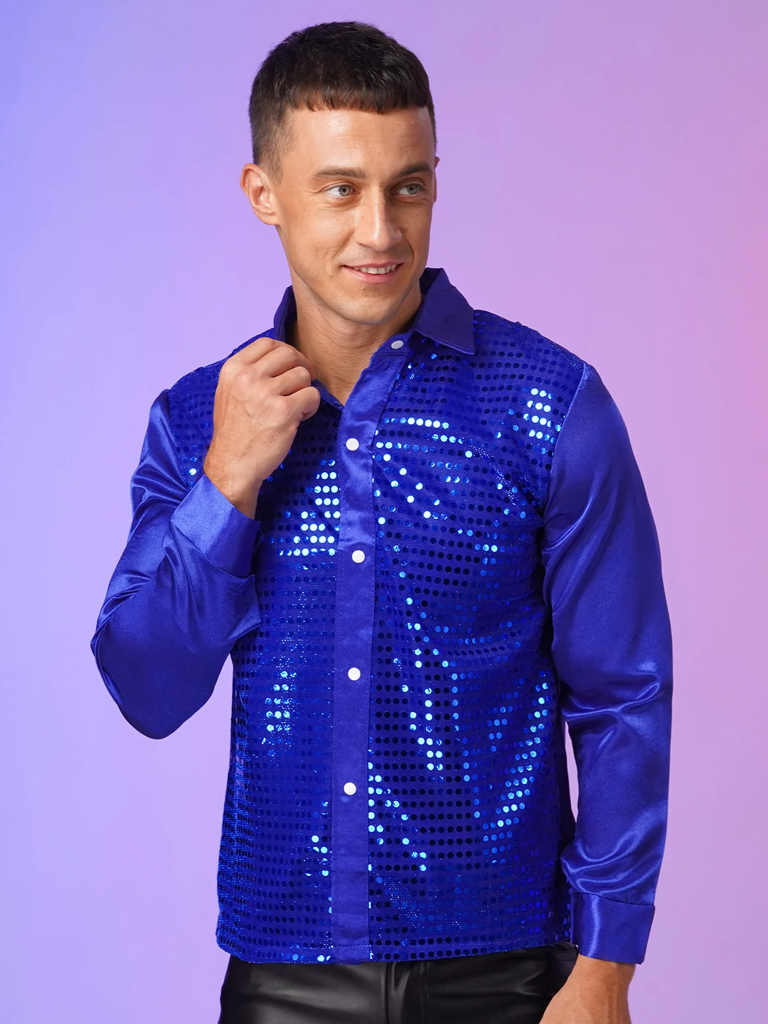 Mens Turn-Down Collar Shirt Latin Jazz Sparkly Sequin Dance Stage Performance Cosplay Costume Tops Dancewear Hiphop Clothes - 4