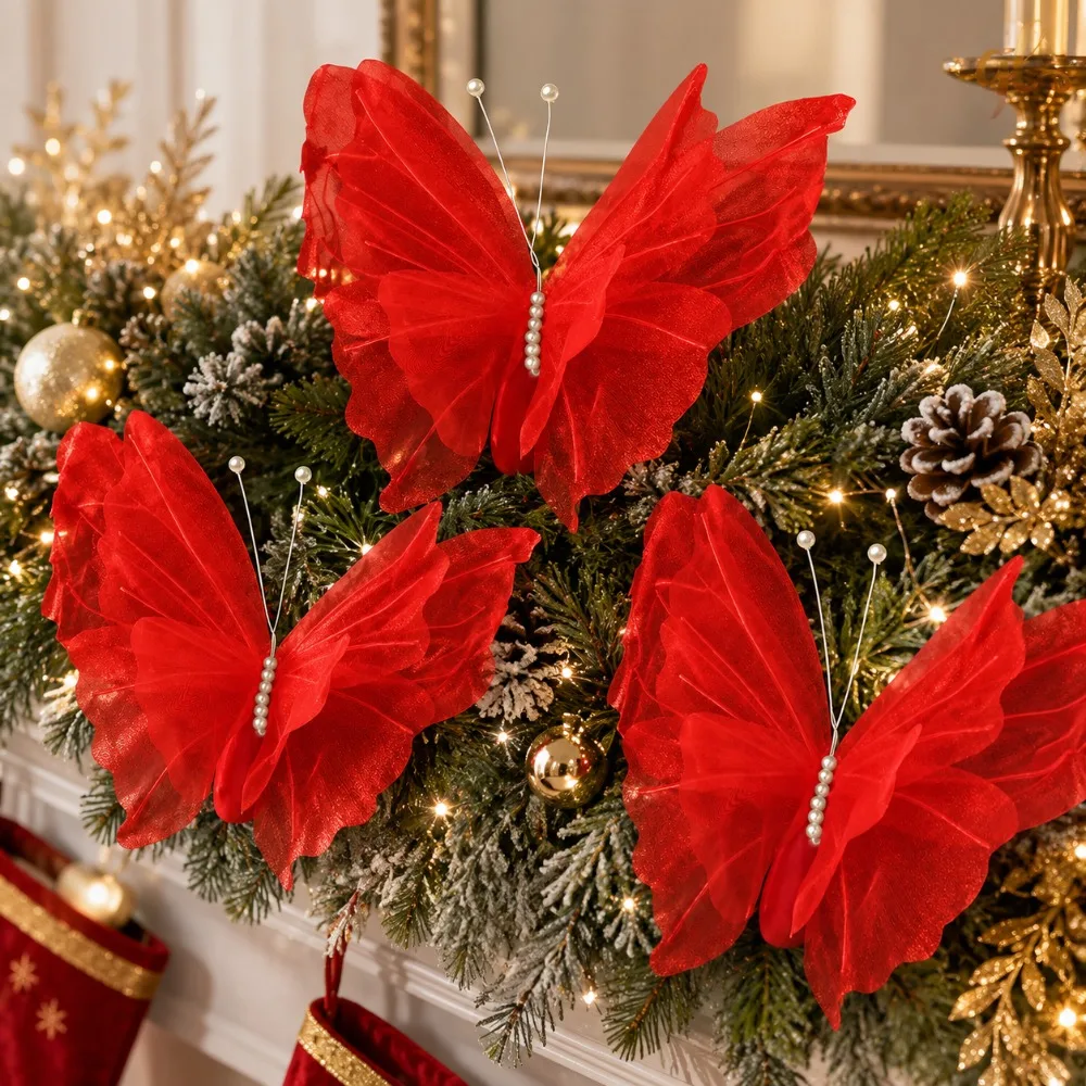 Set of 3 Large 3D Red Butterfly Christmas Decorations - Laser-Sprayed Silk Finish