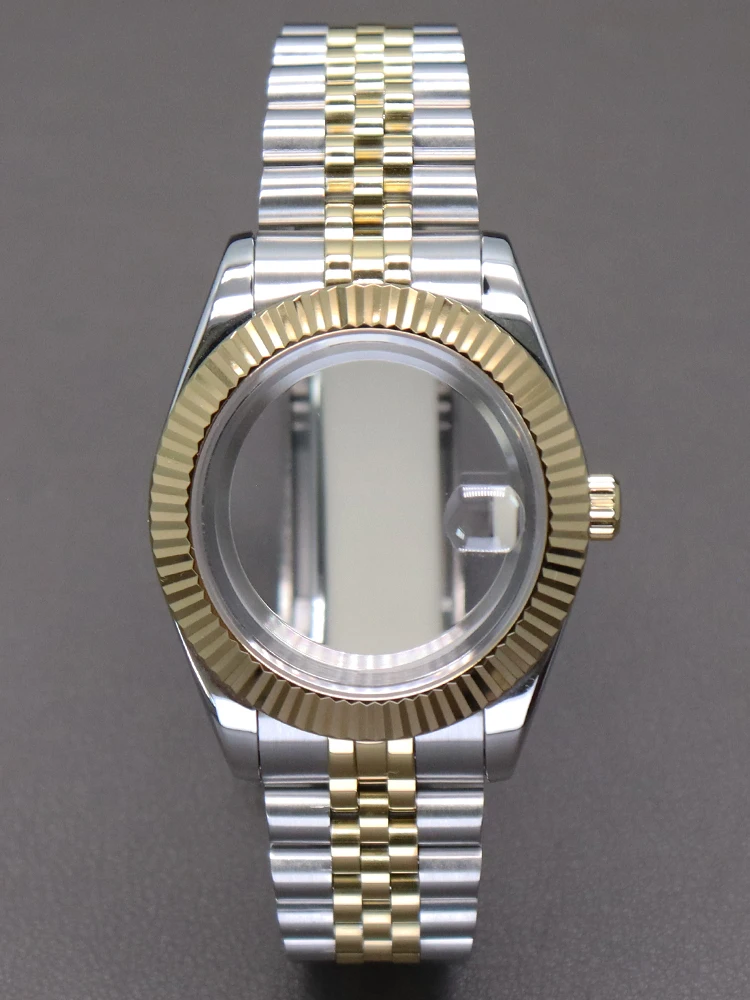 Elegant Gold and Silver Fluted Watch Case with Sapphire Glass