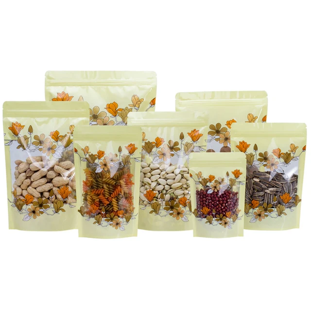 100Pcs/Lot Magnolia Flower Transparent Stand Up Bag Food Candy Tea Snacks Nuts Dried Fruits Waterproof Dustproof Tear Notch