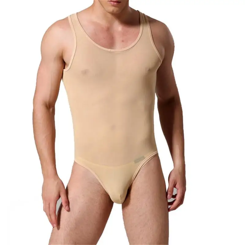 Men Bodysuits Jumpsuits Sexy Mesh Sheer Onesies Lounge Sleepwear Sissy Rompers Sleeveless One-piece Pajamas Underwear