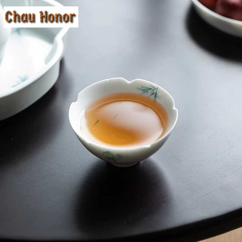 2pc/set 65ml Boutique Pure Hand Painted Art Bamboo Tea Cups Household Ceramic Master Cups White Porcelain Kung Fu Tea Bowl Set