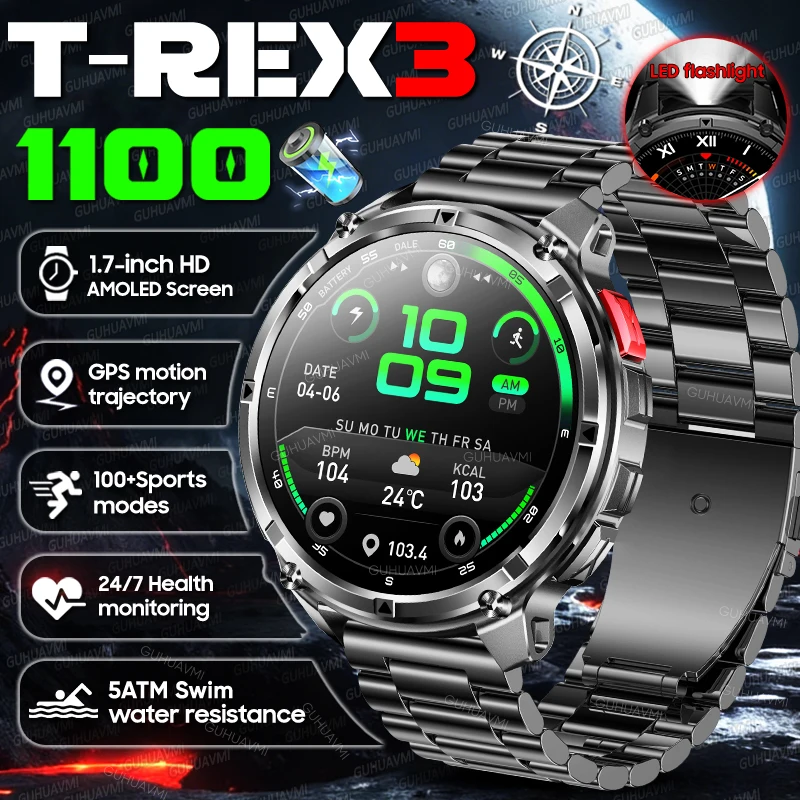 2026 New Outdoor 1100mAh Large Battery SmartWatch Men GPS trackr Compass Waterproof Flashlight Bluetooth Call Sports Smartwatch