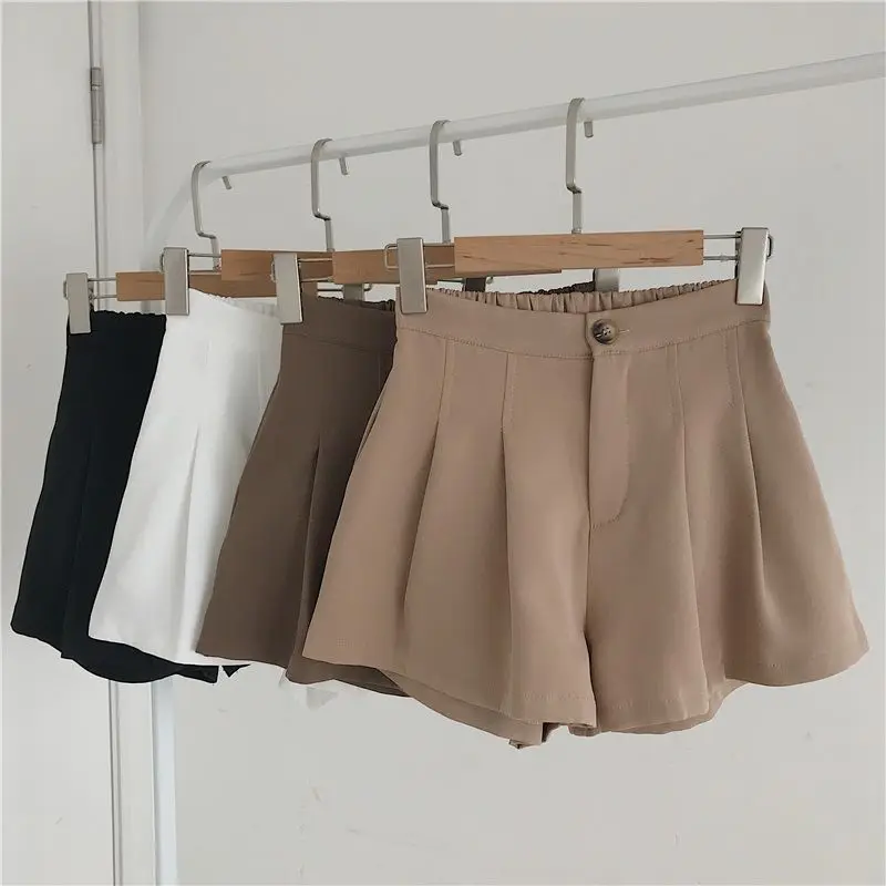 DAYIFUN Women Solid Shorts Simple Casual Elastic High Waist Pants Pleated Chic Summer Wide Leg A-line Short Pants Streetwear