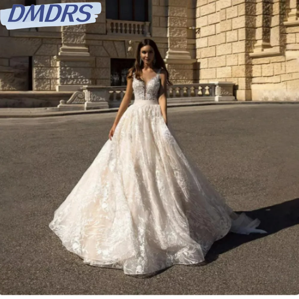 

Sexy Deep V-neck Backless Dress For Bride Elegant Spaghetti Straps Bridal Gown Classic Lace Appliques A-line Long Wedding Dress