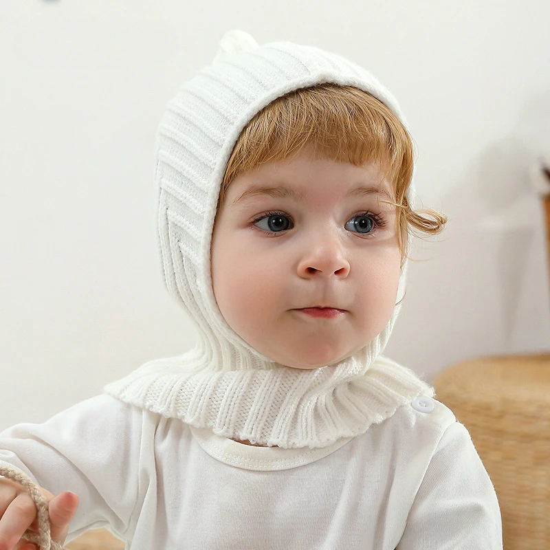 Autumn Winter New Newborn Baby Knitting Warm Scarf Cap Boy Girl Infant Solid Fashion Pullover Hat Kid Windproof Earmuffs Caps 2