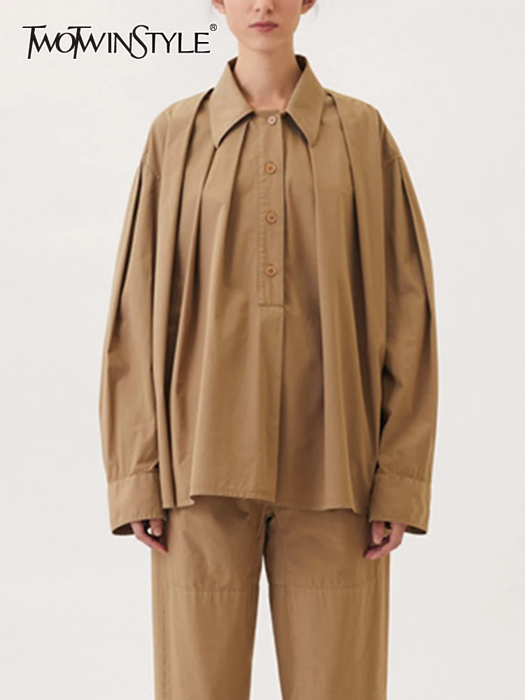 

TWOTWINSTYLE Solid Patchwork Folds Shirt For Women Lapel Long Sleeve Spliced Single Breasted Minimalist Shirts Female Fashion