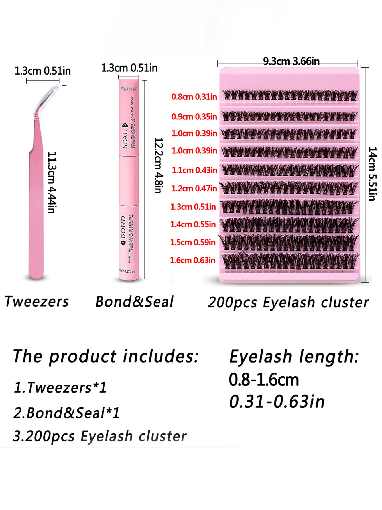 Fake eyelashes, DIY Eyelash Extension Kit, 200pcs Individual Lashes Cluster 80D, 8-16mm Mix Lash Clusters with Lash Bond, Seal and Tweezers